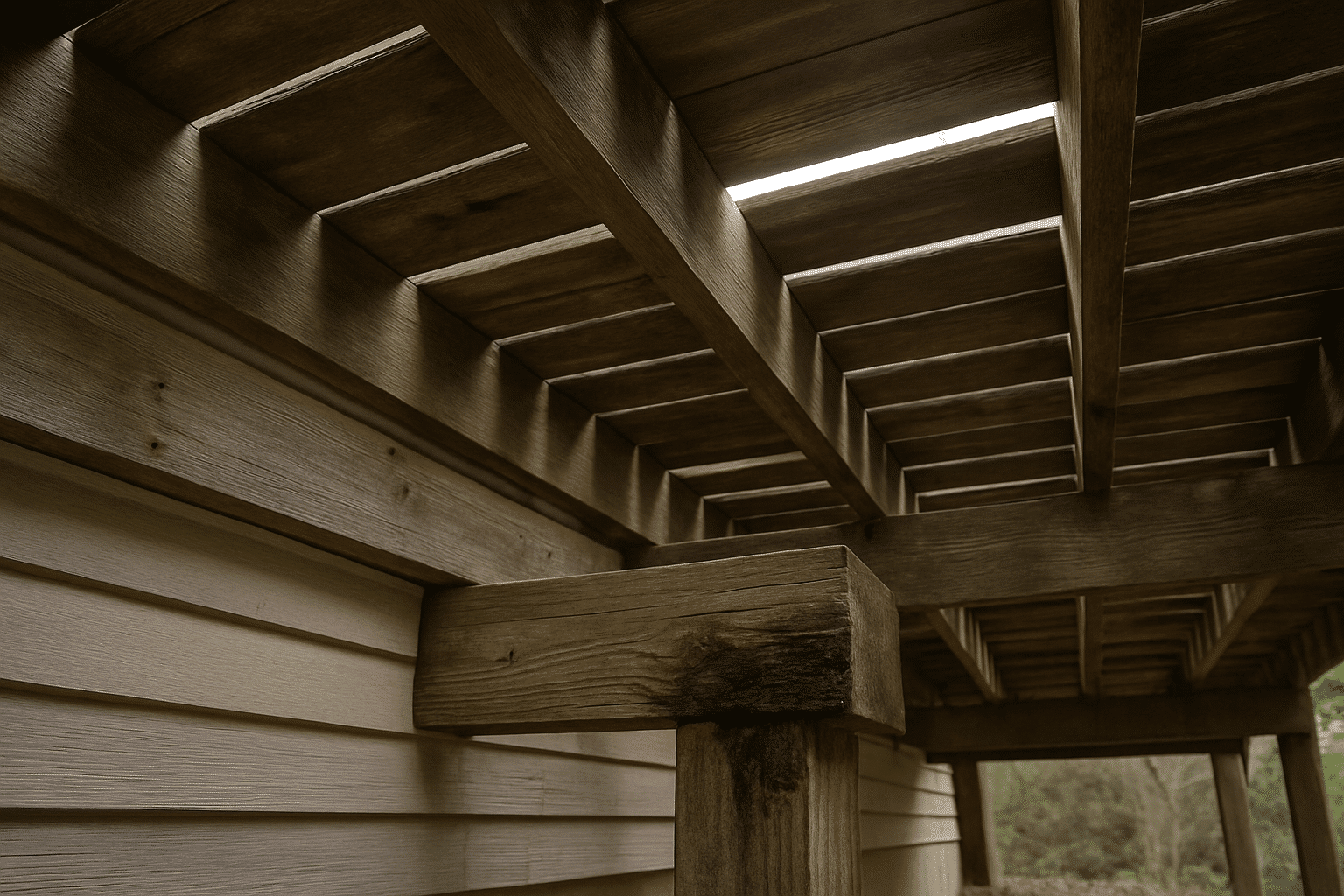 Directly illustrates the 'getting under the deck' diagnostic narrative - the hidden structural world of joists, ledger
