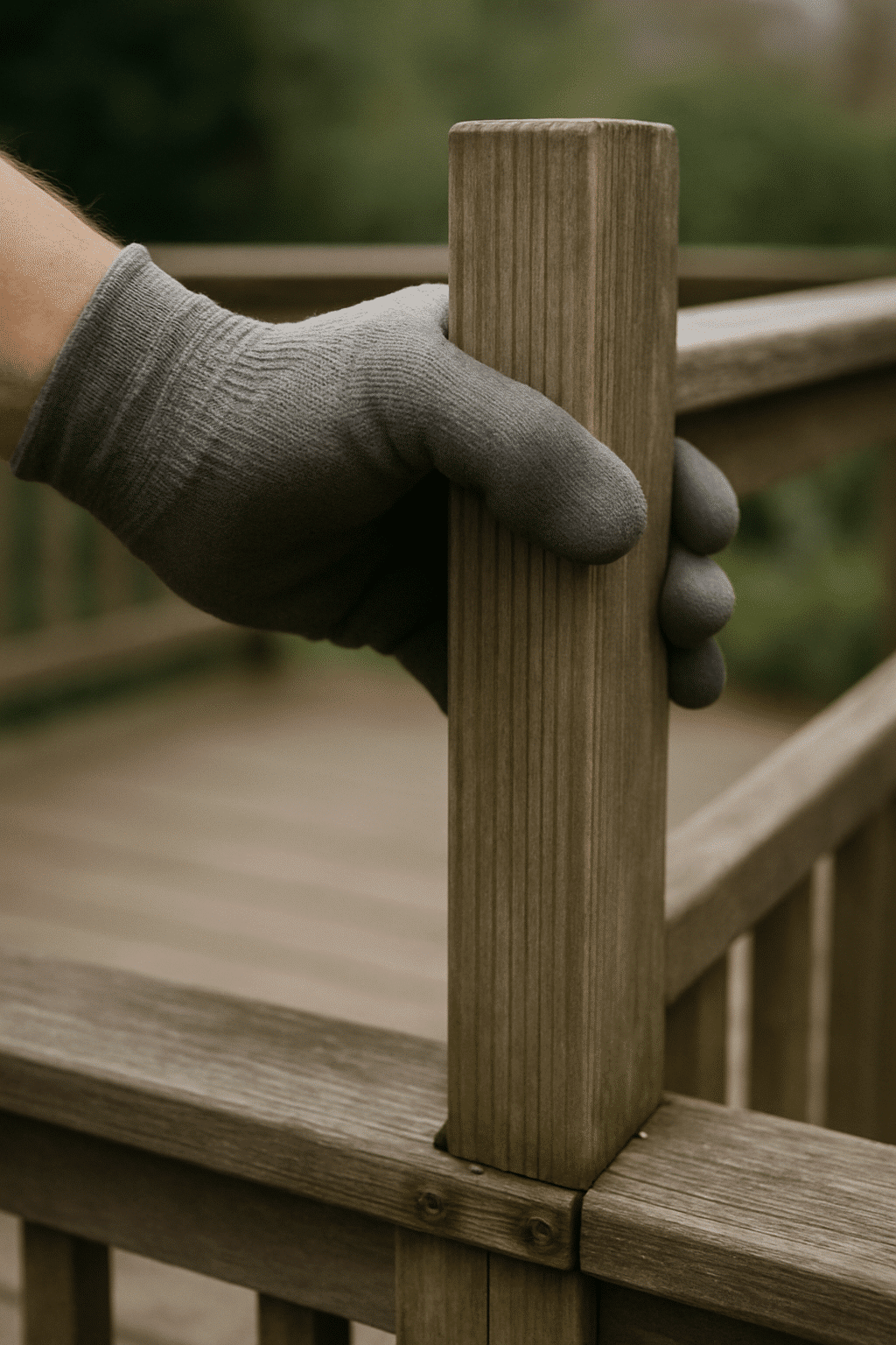 The railing test is described as a specific transparent diagnostic action offered to homeowners, and a hand physically t