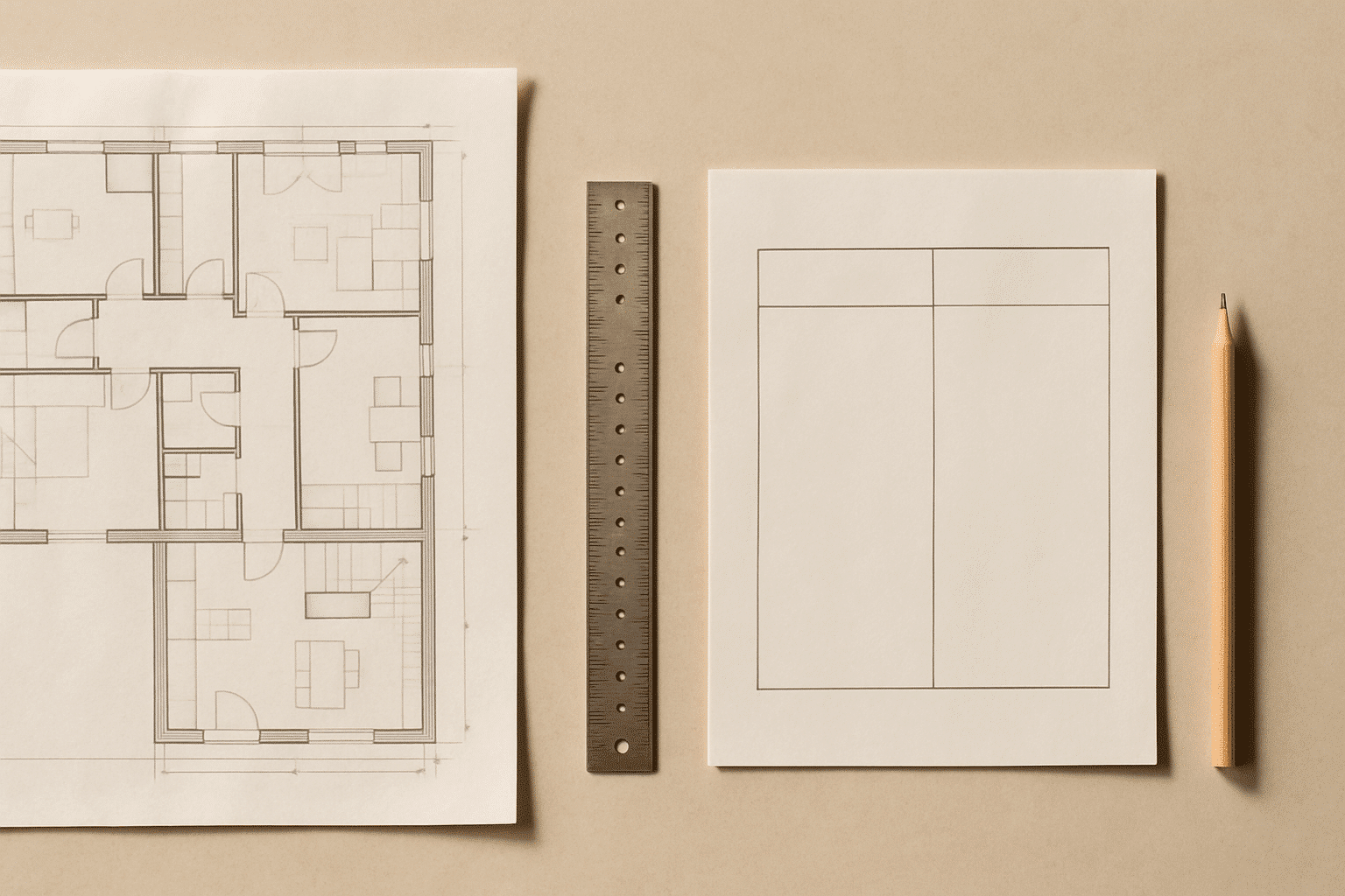 A schematic-style overhead still life of planning documents visually implies a structured comparison of two models witho