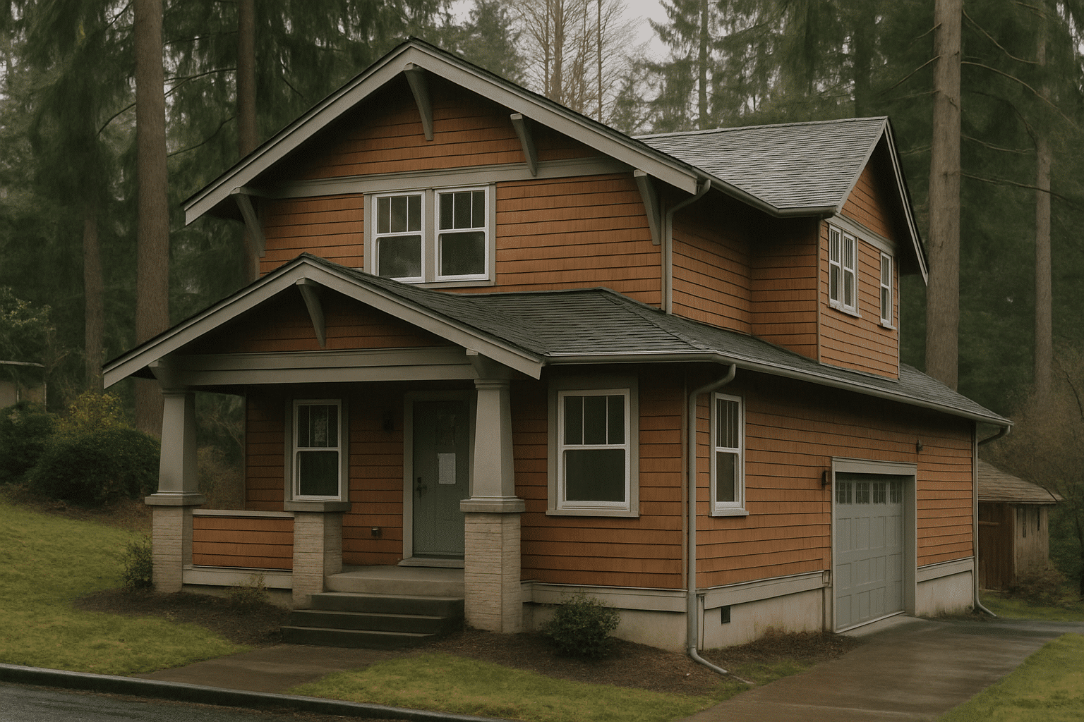 Sloped terrain, wet climate, permit signage, and Pacific Northwest architecture signal the Seattle-specific regulatory a