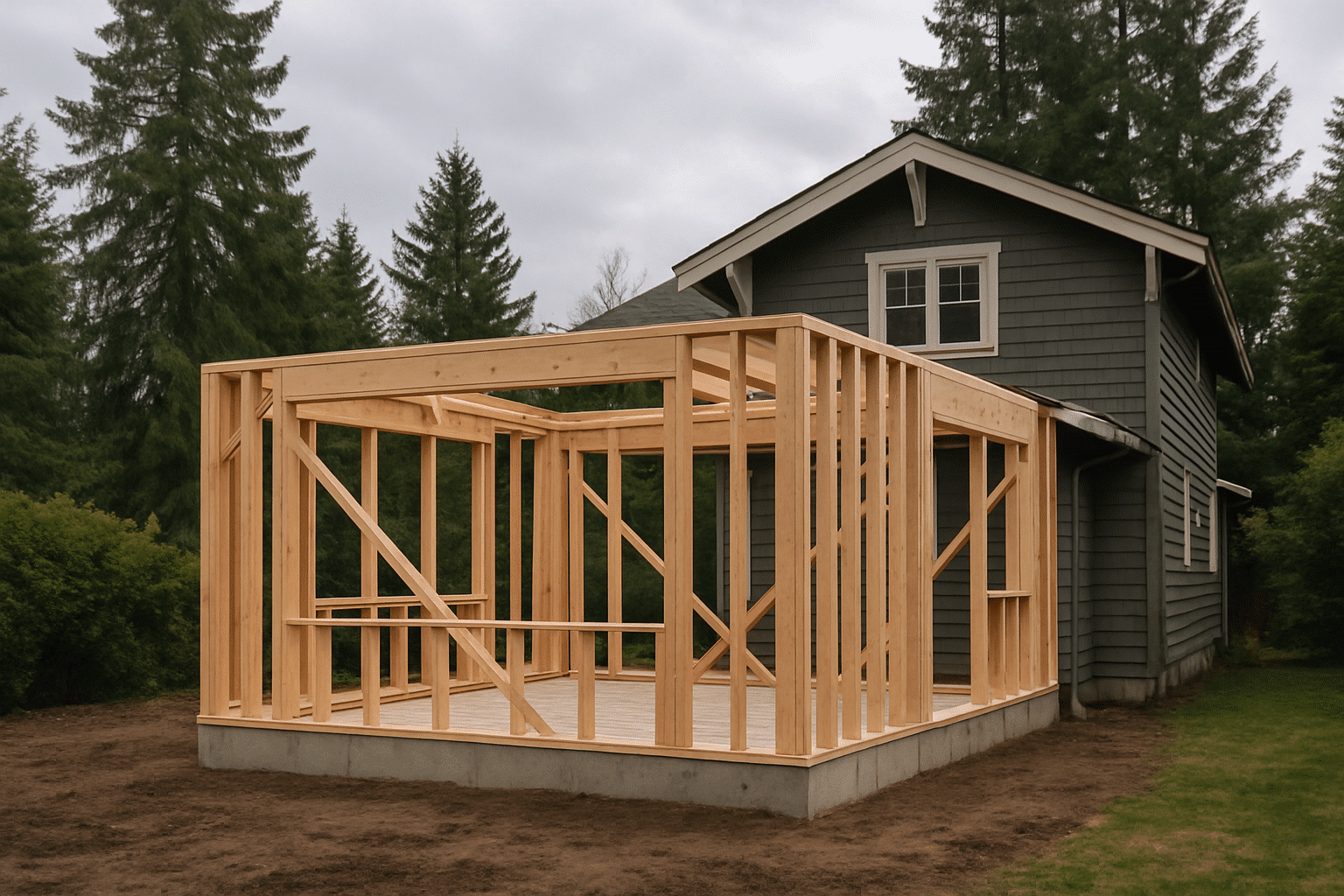 A room addition under active construction on a suburban Eastside lot illustrates the master suite addition scenario desc