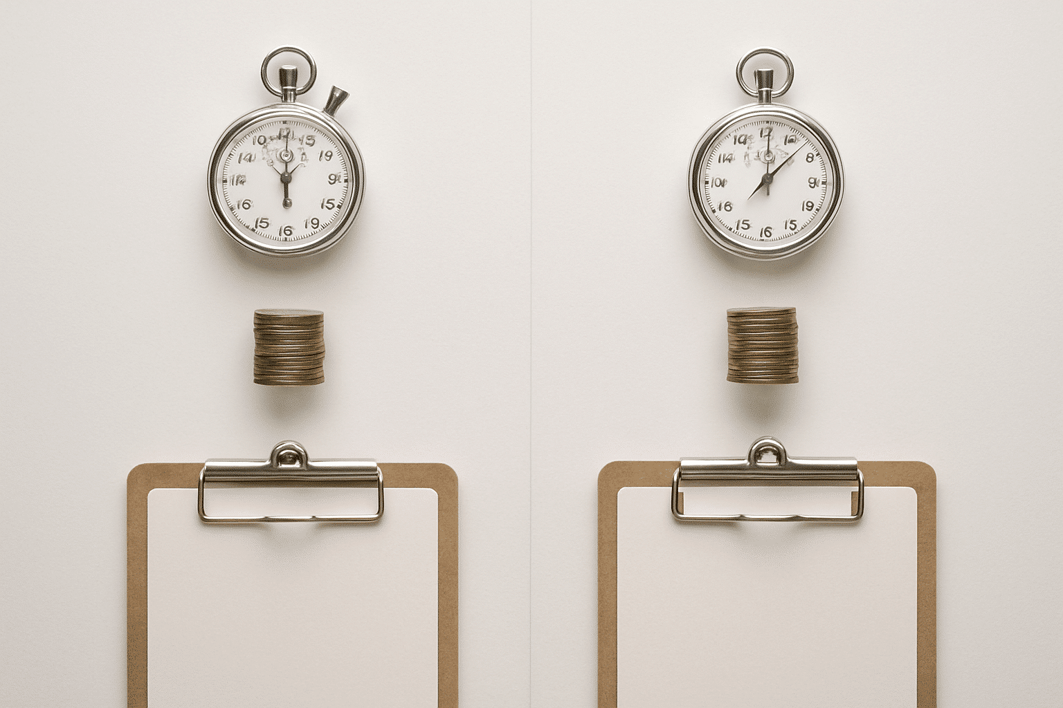 A symmetric flat-lay of objects representing timeline, cost, and accountability creates a diagram-like visual comparison