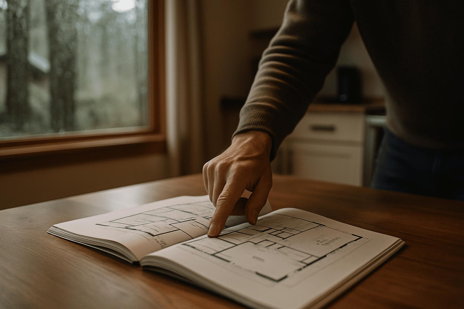 Hands reviewing plans in a home setting communicates the personal decision process a homeowner goes through when choosin