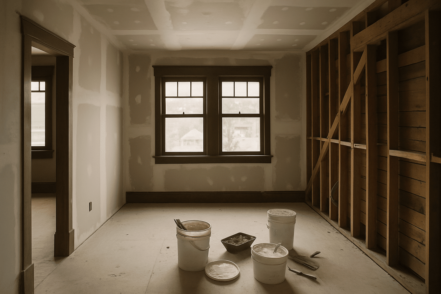 Shows the breadth of drywall work  -  framing, hanging, taping  -  in a single honest scene that illustrates what the se