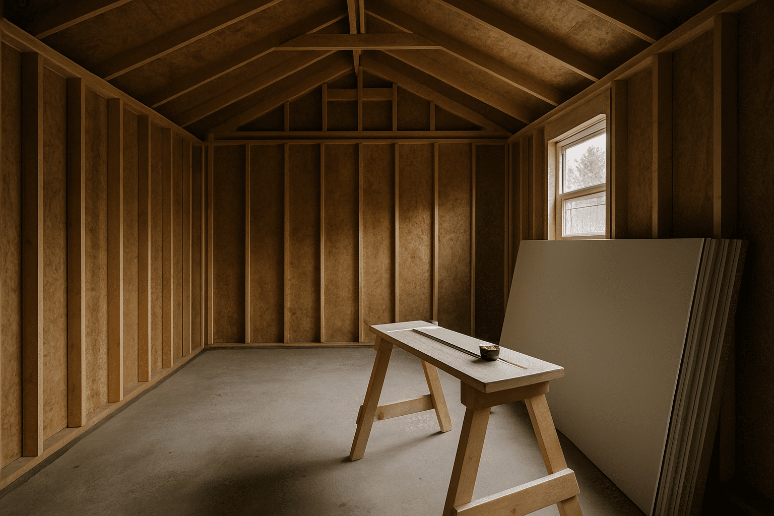 Directly illustrates a garage-conversion drywall scope assessment  -  the before-work state where board type and layout 