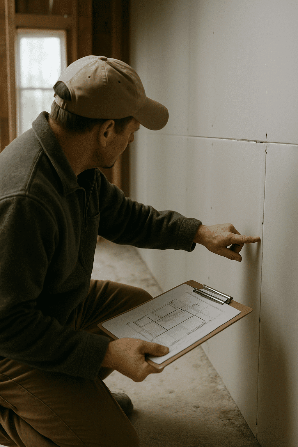 Suggests the deliberate assessment process  -  reviewing assembly requirements on-site  -  without showing a recognisabl