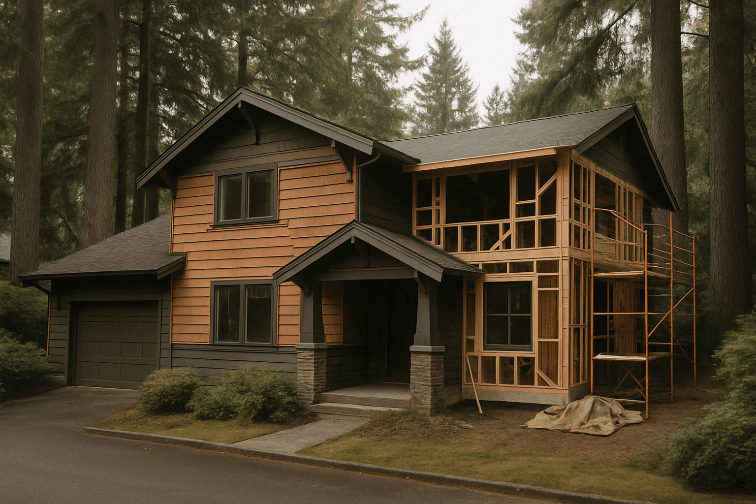 A mid-renovation home exterior grounds the FAQ page visually in the core subject  -  Seattle-area home remodeling  -  wh