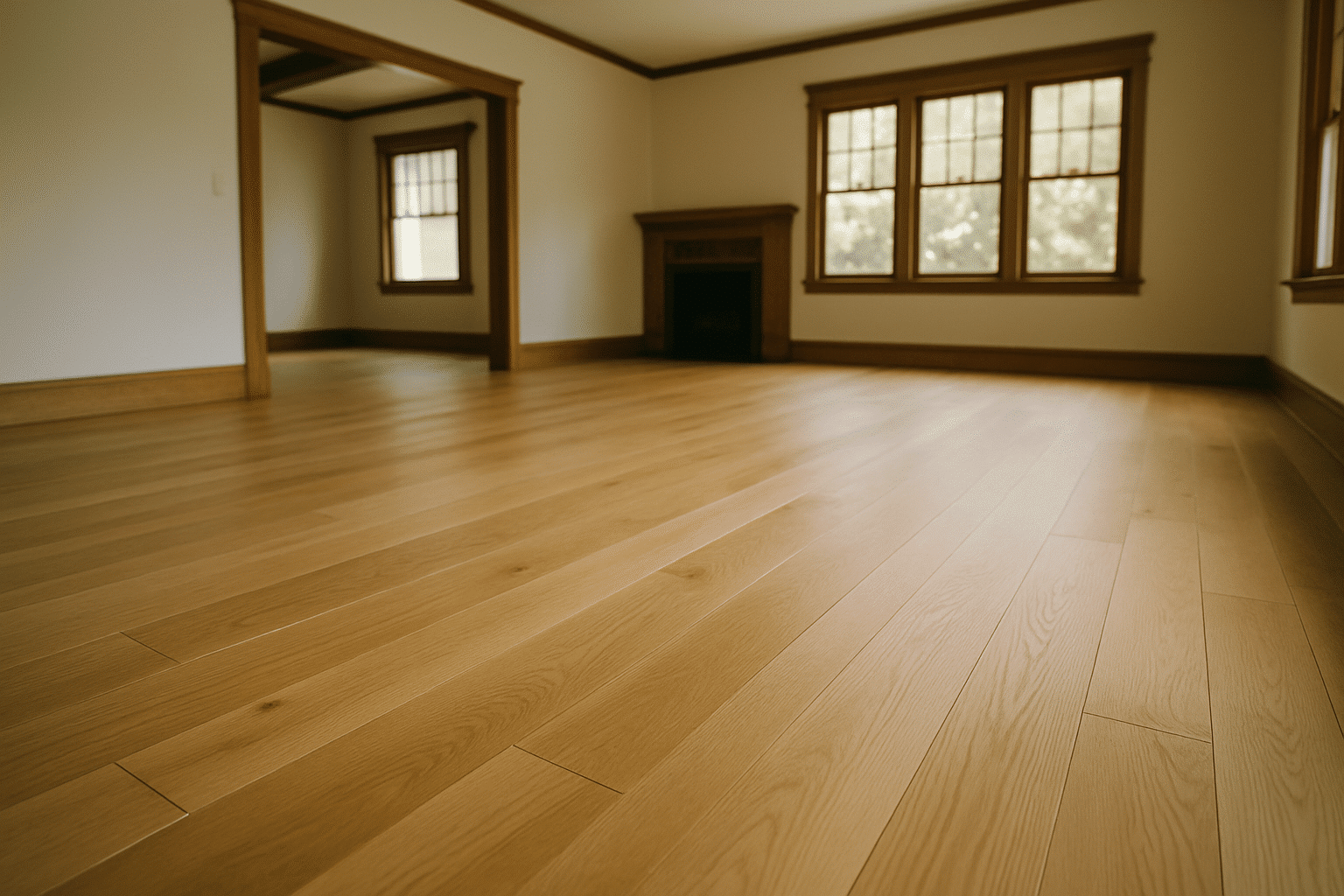 A hero image needs broad visual impact  -  this low-angle wide shot of freshly installed hardwood immediately communicat