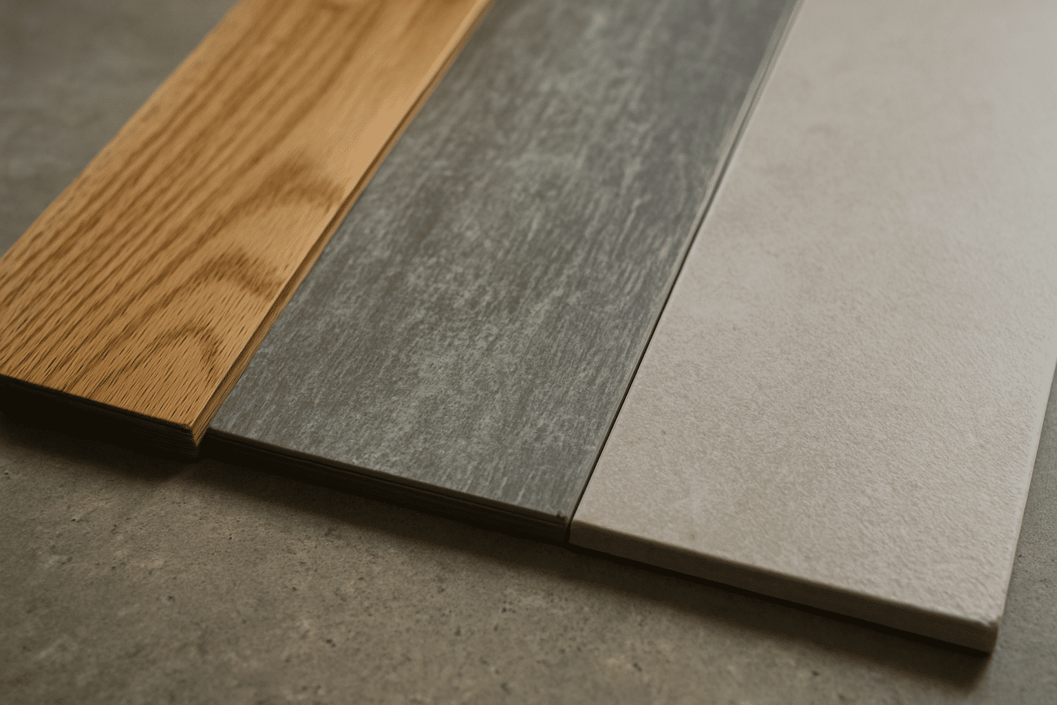 Showing all three material types together visually summarises the scope of services delivered  -  hardwood, LVP, and til