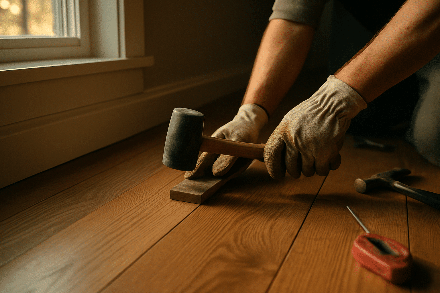 Hands and tools at the final installation step convey the careful, step-by-step process from assessment to completion wi