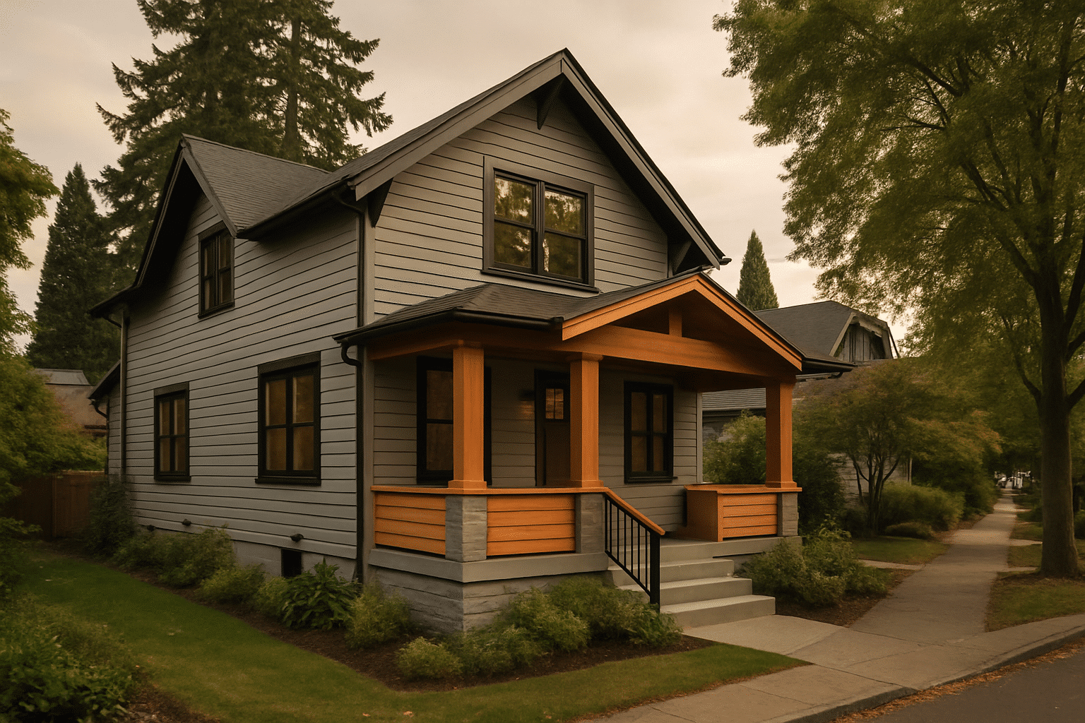A fully renovated Seattle home exterior establishes the full-house remodel subject immediately and sets regional context