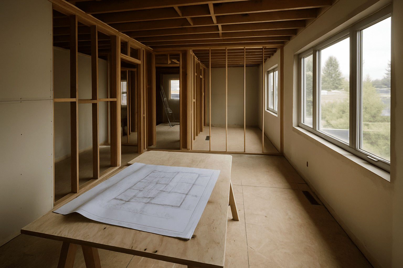 Showing a home in mid-renovation with visible phases  -  design documents, framing, and finishes  -  illustrates the str