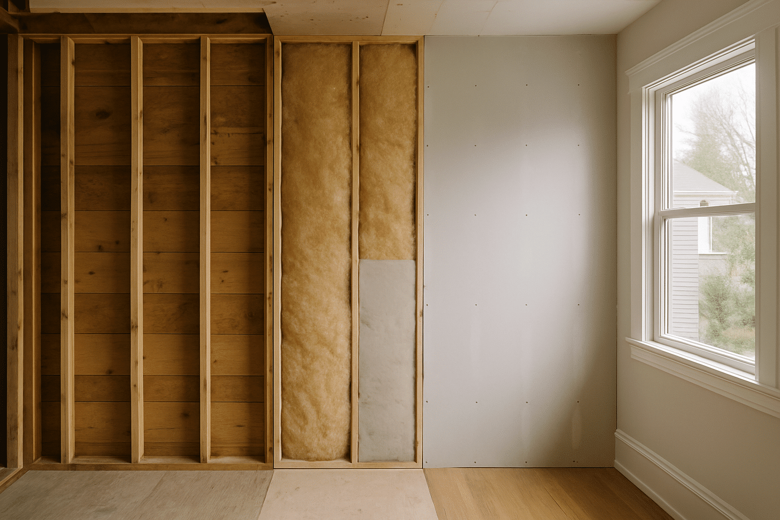A single frame showing distinct finish states within one room visually communicates the phase-by-phase construction sequ