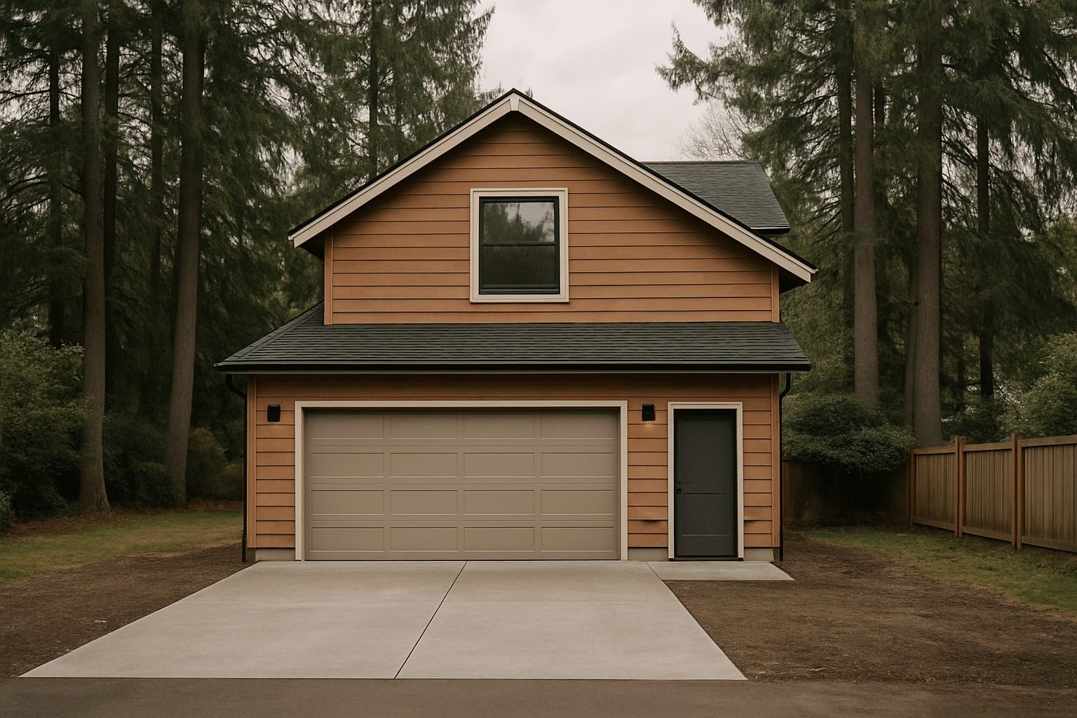 Hero image establishing the core offering - a new two-level garage ADU on a Pacific Northwest residential lot.