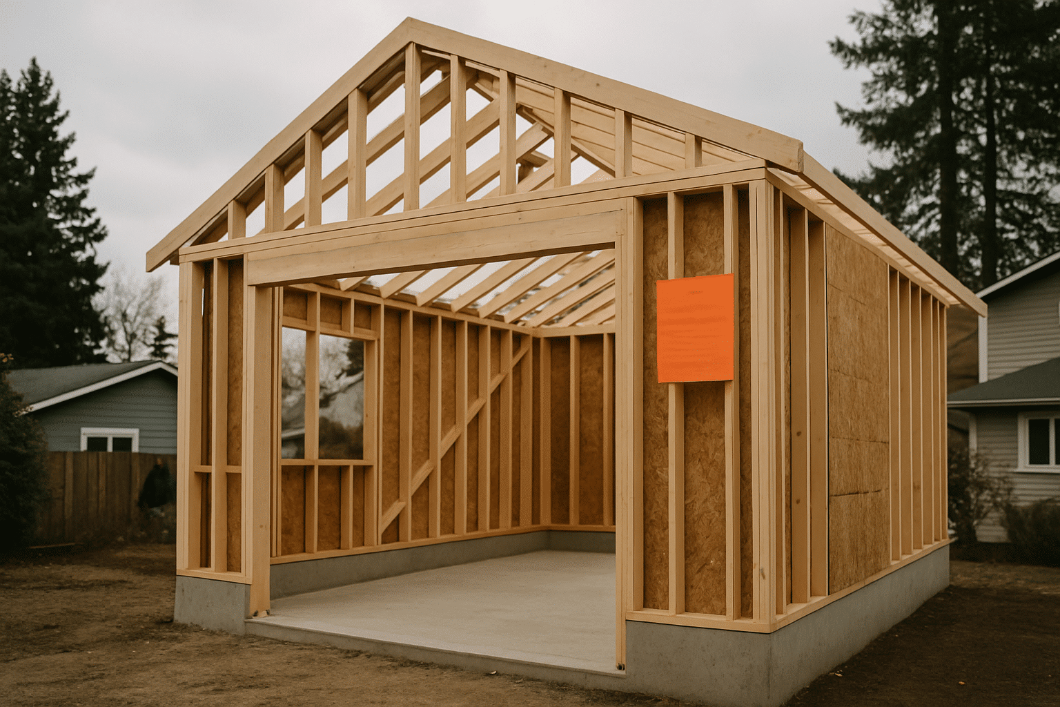 Represents the permitting-to-framing-inspection process timeline with a tangible mid-construction scene.