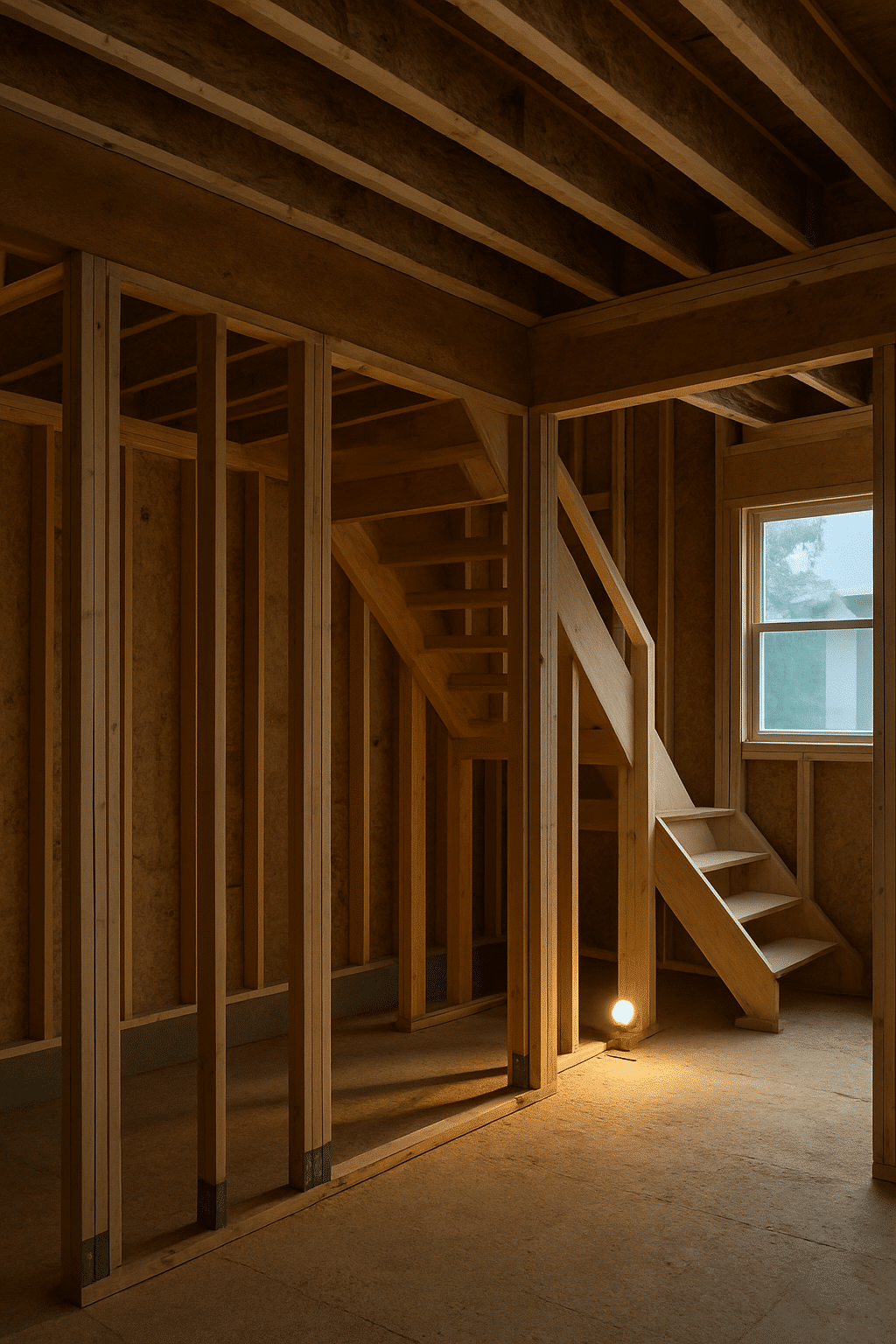 Highlights the complex structural requirements of a two-level garage ADU - beams, load paths, and stairwell framing.