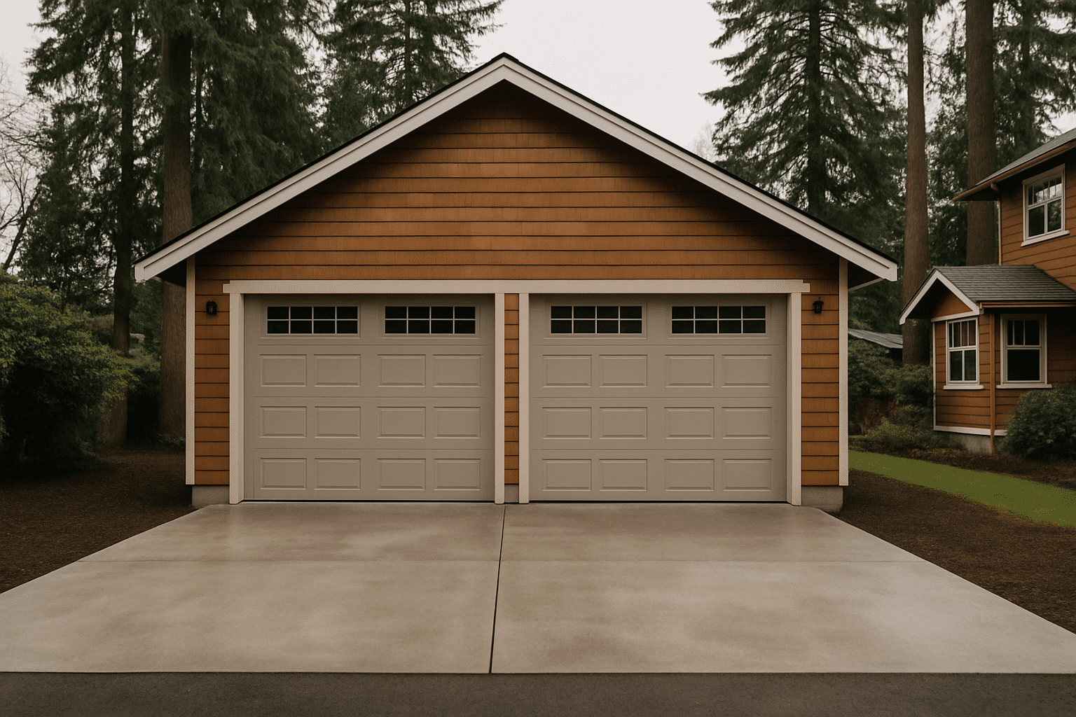 A hero image needs a commanding, complete view of a finished garage on a real Northwest lot to anchor the page's main se