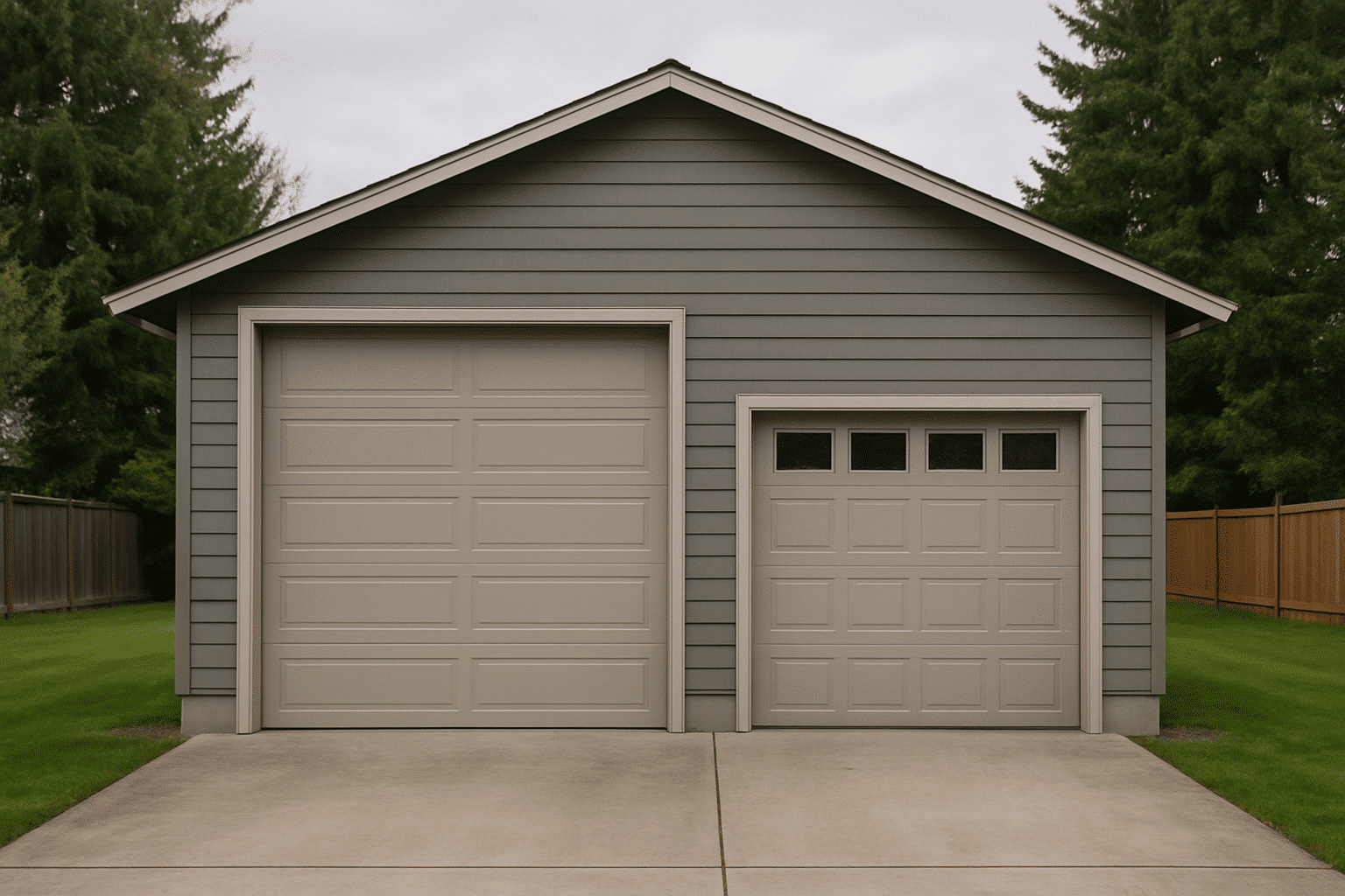 Showing varied door heights on a single garage facade illustrates the single-car versus two-car versus RV-height configu