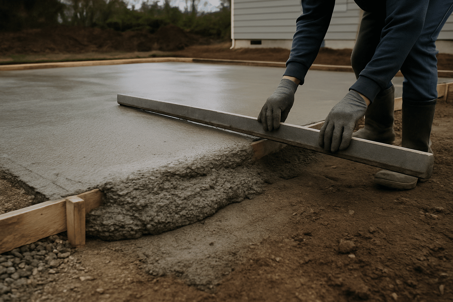 A concrete pour in progress visually spans the process from lot preparation through slab completion, matching the sectio