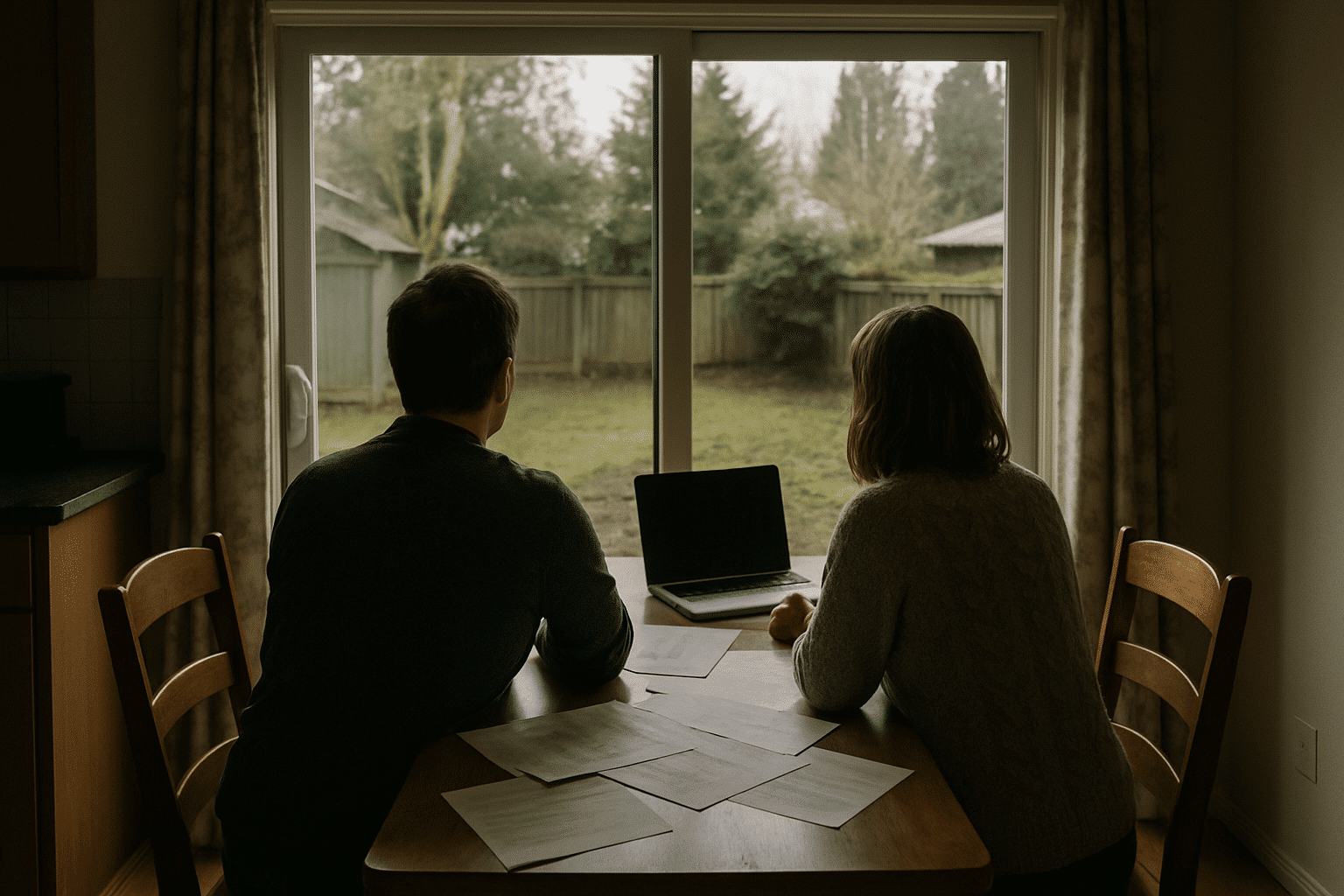 Captures the emotional, pre-numbers moment a family faces when weighing staying versus moving, without showing faces.