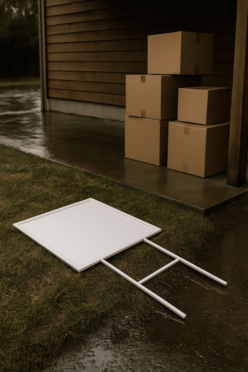 Illustrates the tangible costs and friction of actually moving - the boxes, the wet weather, the upheaval - groundin