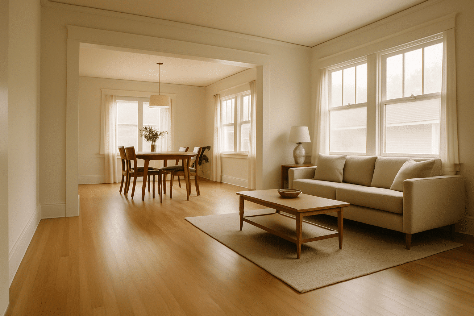 A bright, finished interior space anchors the hero section and immediately communicates the quality and scope of interio