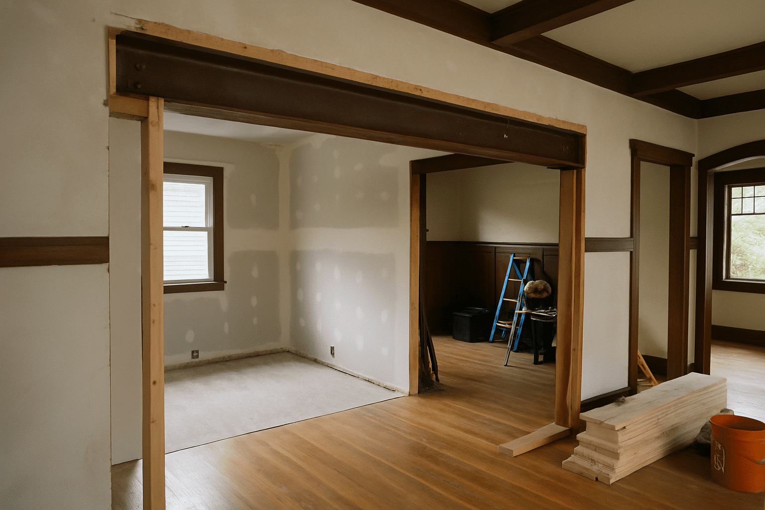 Showing structural and finish work simultaneously in one space directly illustrates that both scopes can be executed wit