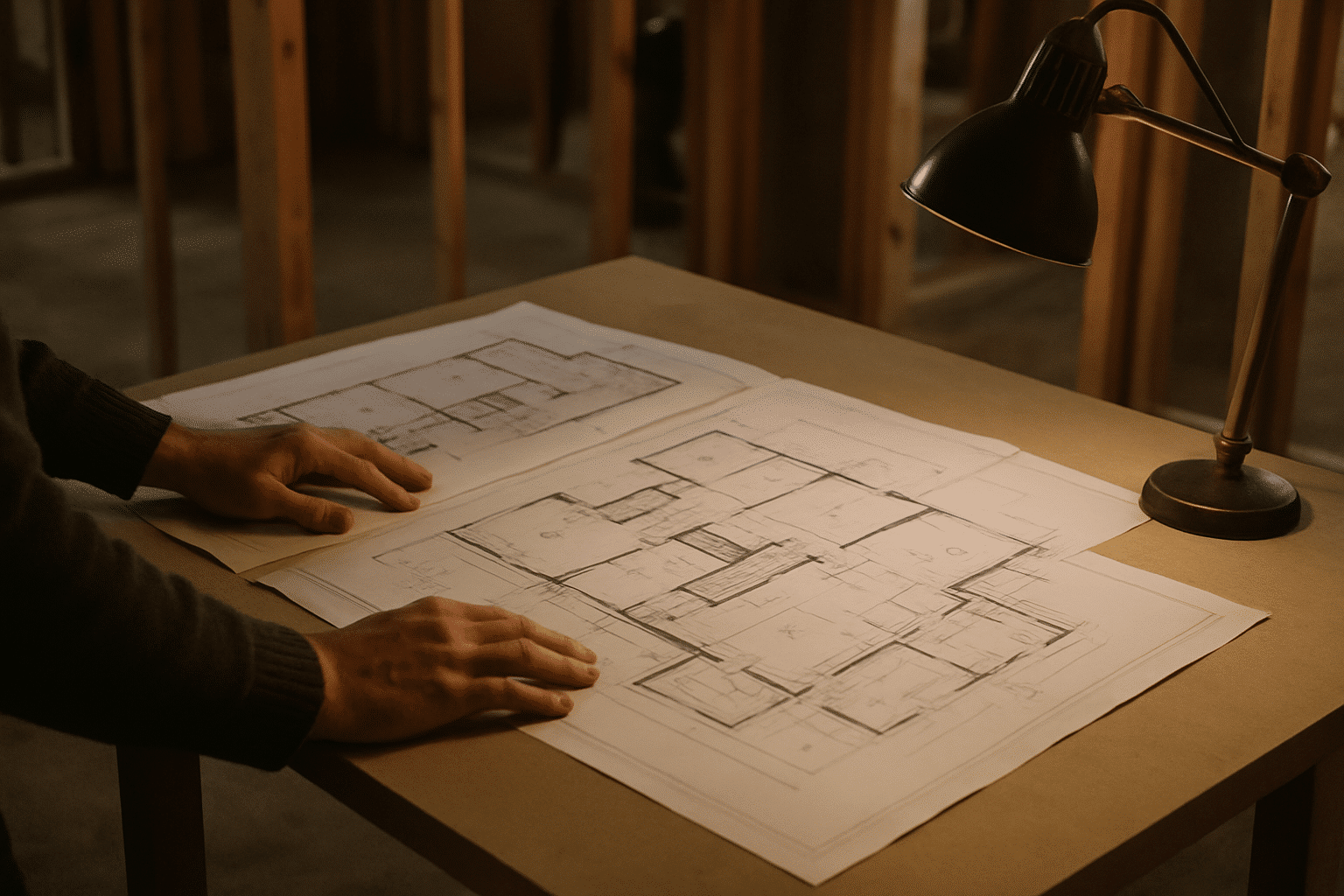 Hands studying project plans conveys a systematic, professional approach to managing interior remodeling work without sh