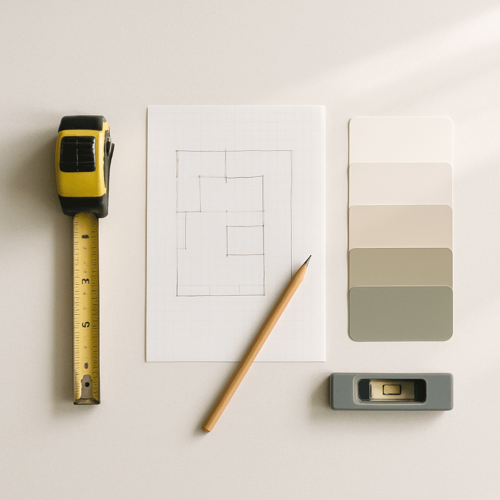 An organized flat-lay of planning tools visually represents a structured, phased remodeling process without depicting an
