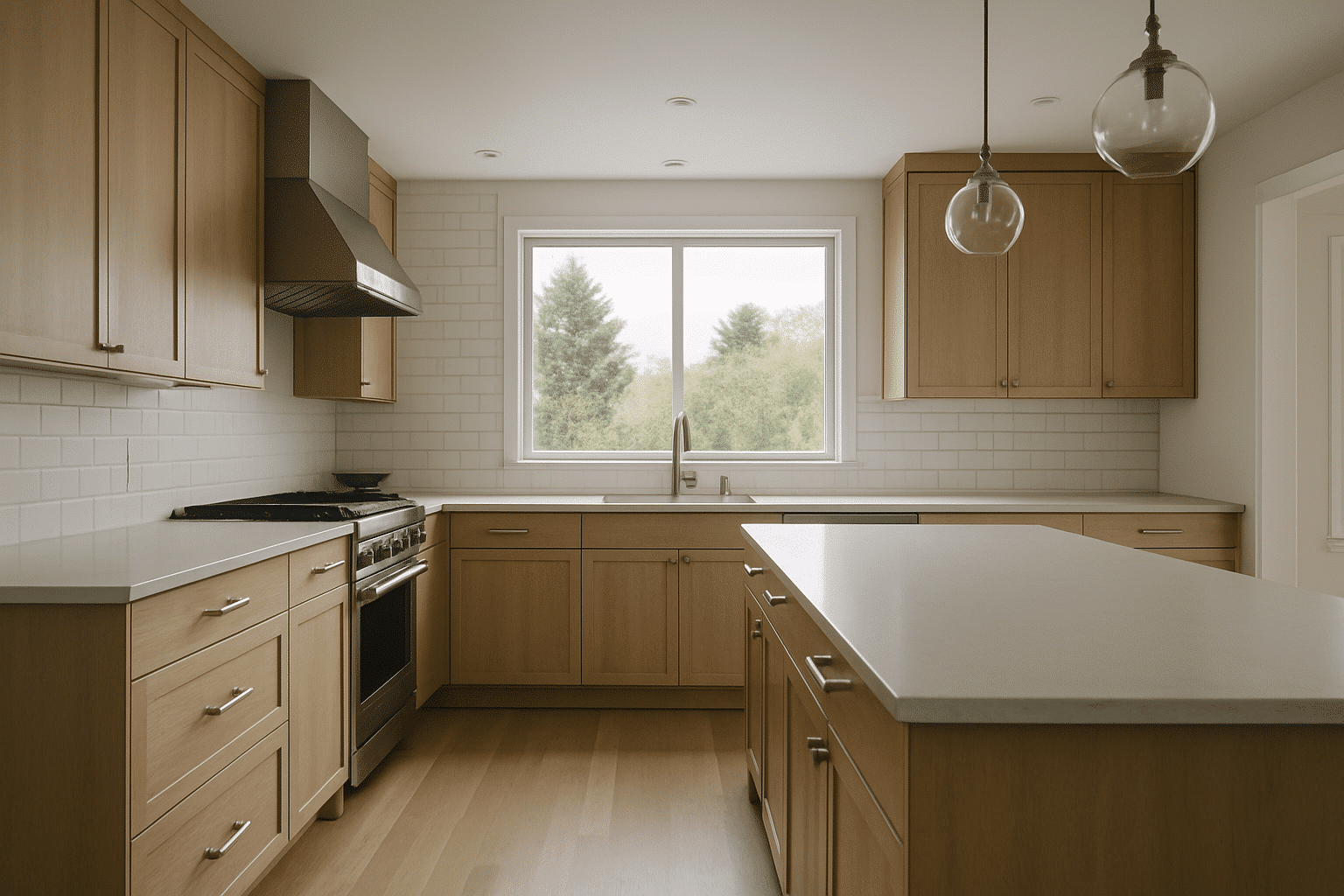 A hero image needs breadth and authority; a finished, light-filled custom kitchen communicates the design-build outcome 