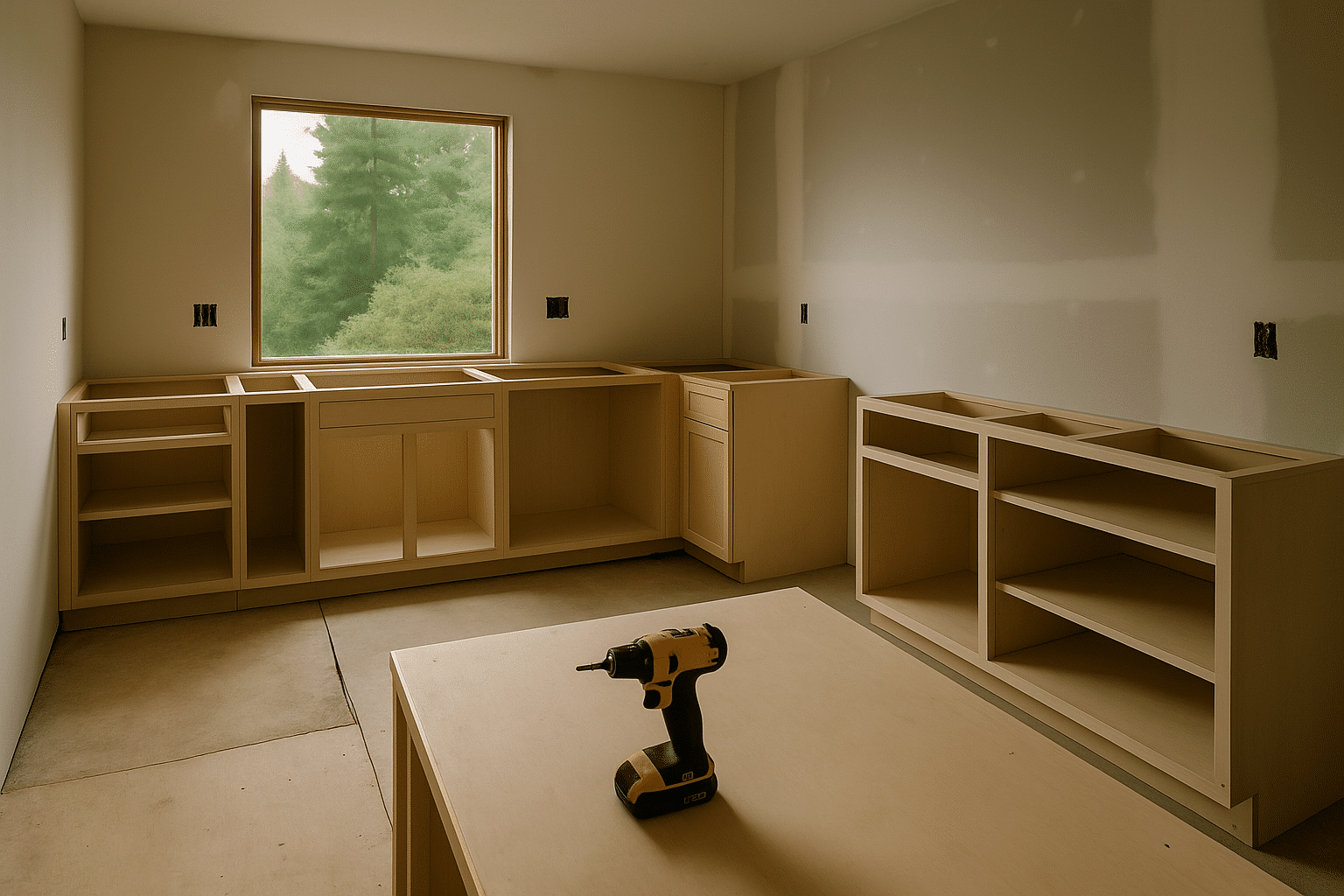 The four-phase process section spans design through installation; a mid-construction scene honestly illustrates the buil