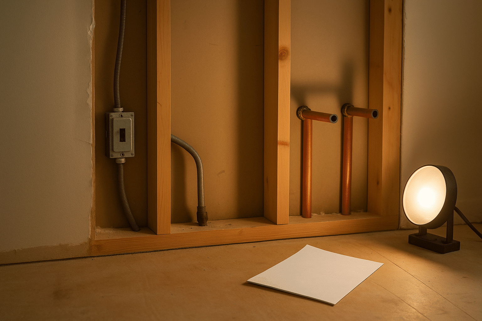 Showing exposed structural and mechanical systems alongside a permit document visually anchors the section about when pe