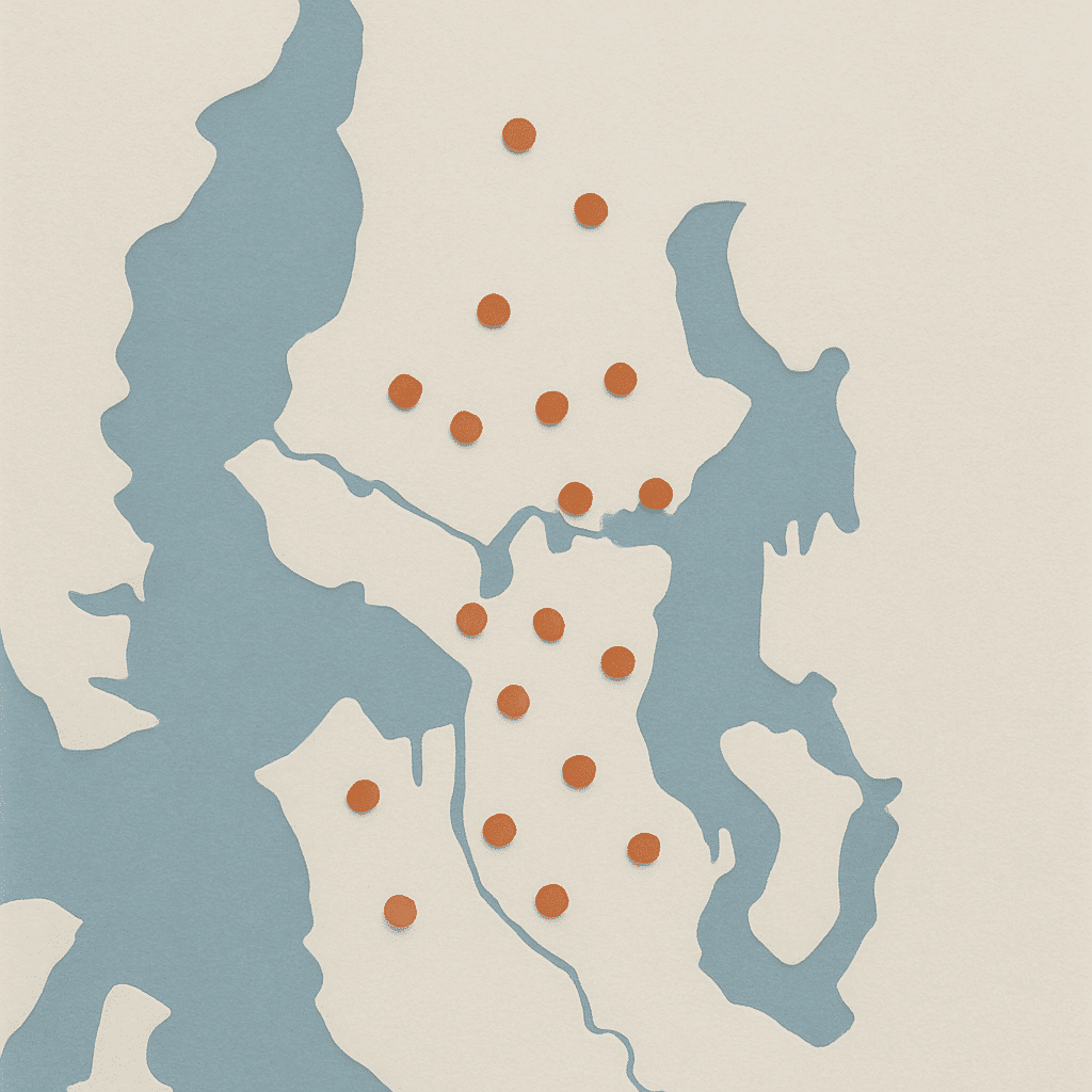 The slot explicitly requests a diagram rather than a photograph, so a label-free dot-map schematic shows service-area ge