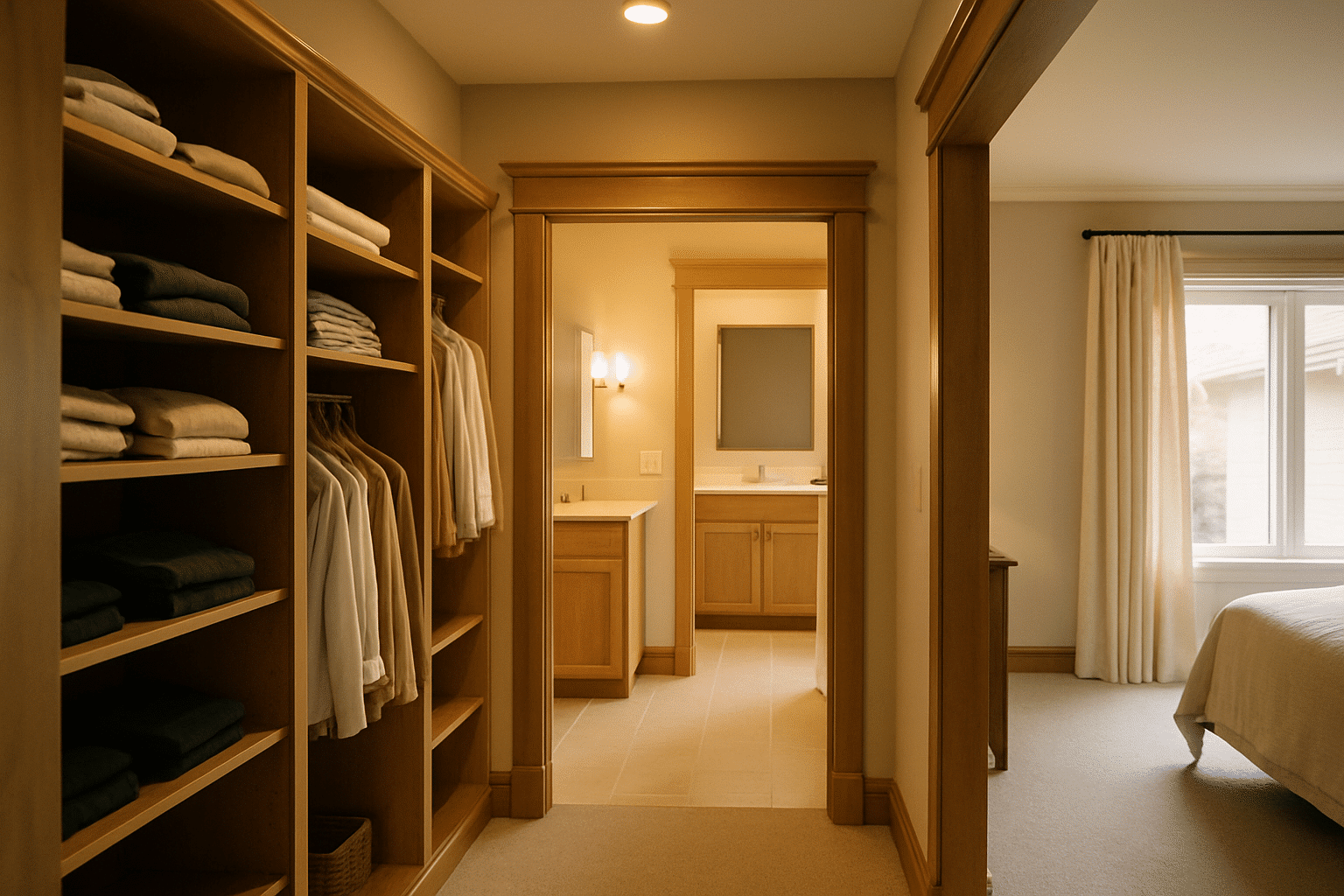 Illustrates the three elements  -  walk-in closet, ensuite, and bedroom  -  built together as one integrated suite scope