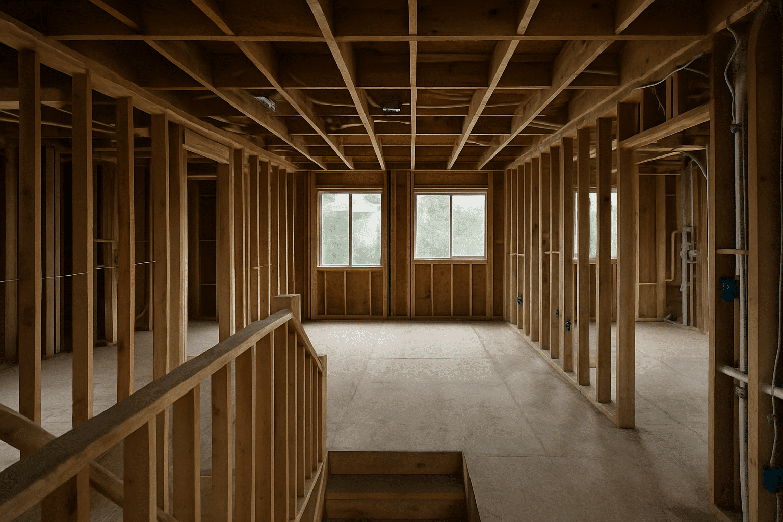 Represents the layout-planning and assessment phase before any walls are finished, supporting the 'full upper-floor layo