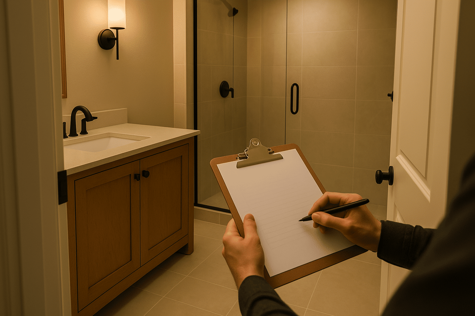 Signals the end-to-end journey from site visit to final inspection with a finished, permit-closed bathroom and an inspec