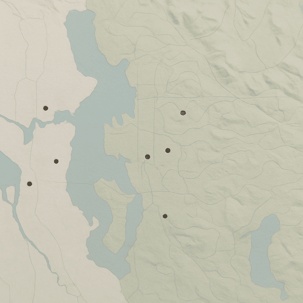 Provides a label-free geographic reference diagram showing the Seattle and Eastside service area coverage without any pr