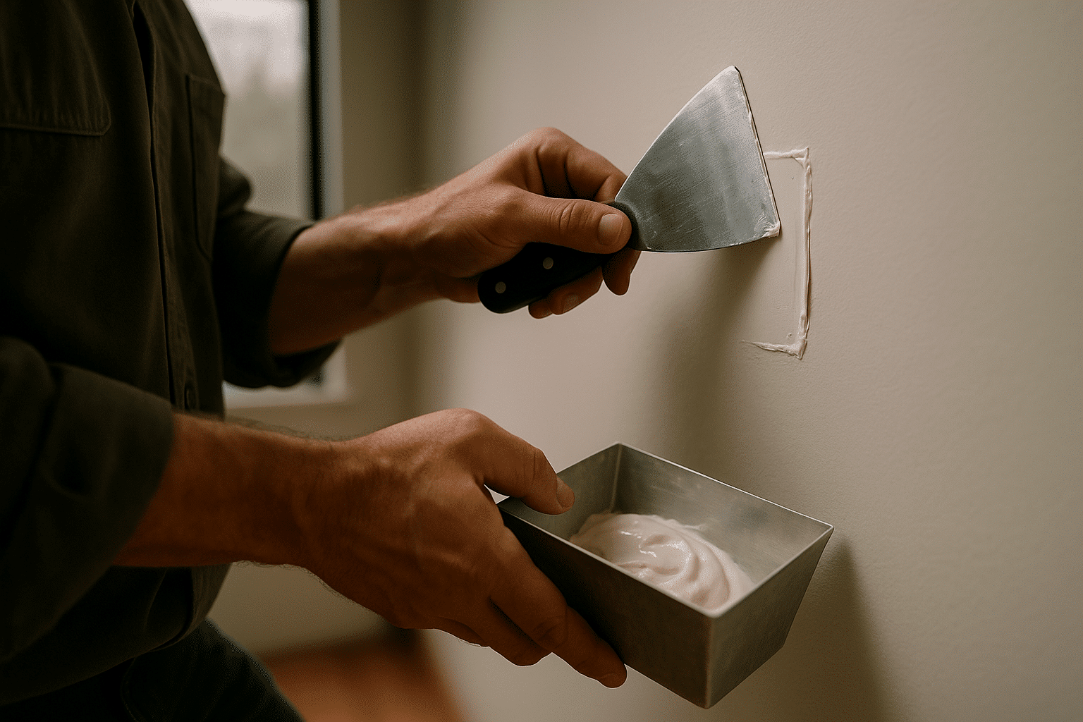 The hero image needs to immediately communicate focused, small-scale interior repair work - a drywall patch in progres