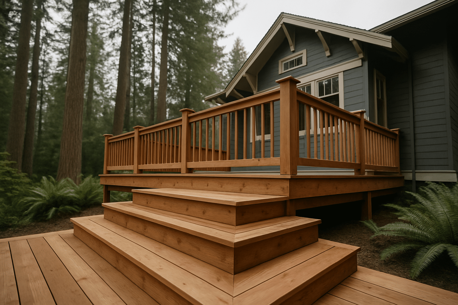Establishes the page topic immediately - a completed outdoor deck in a recognisable Pacific Northwest residential sett