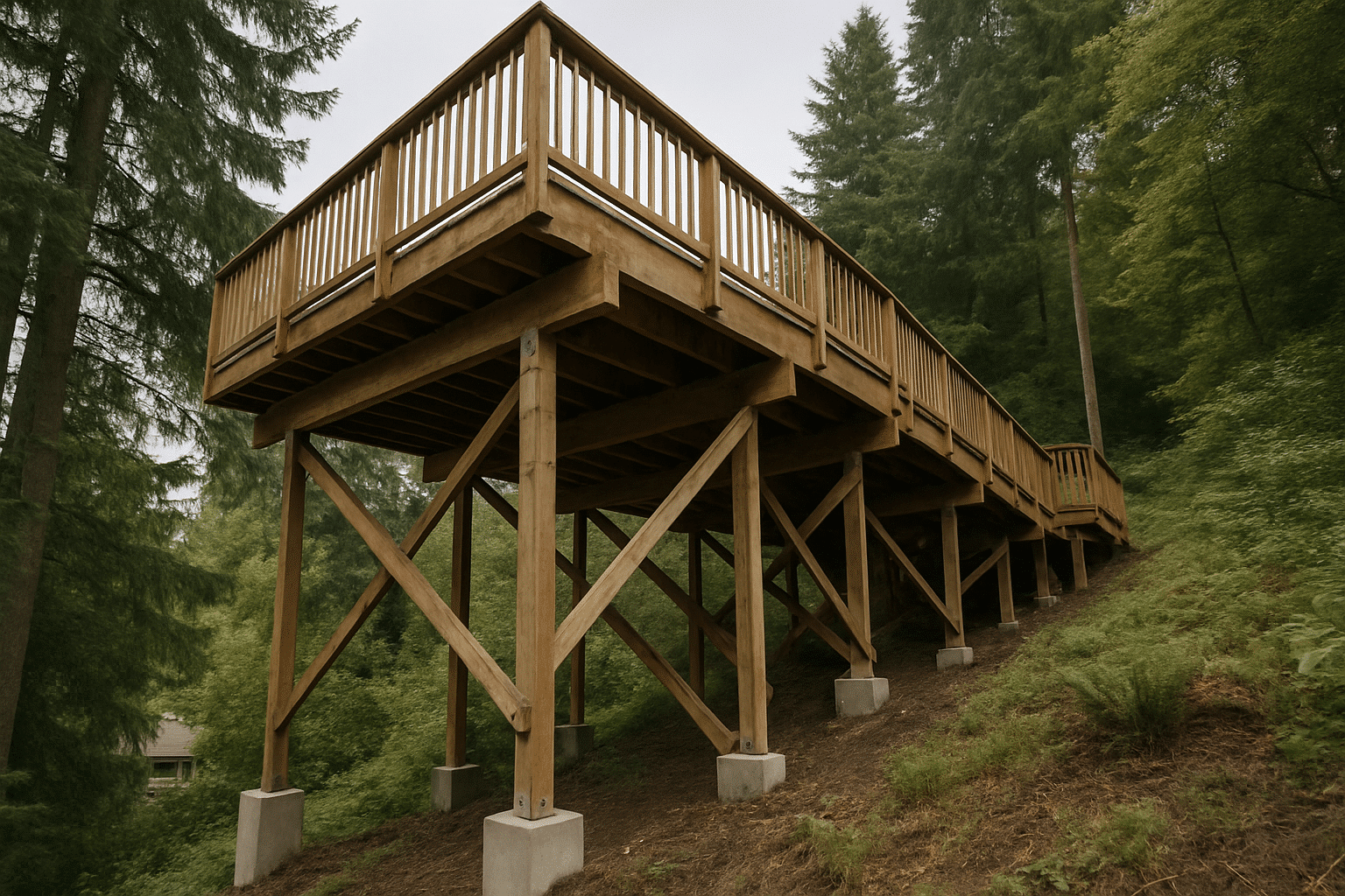 Directly visualises the sloped-lot elevated deck scenario described in the section heading.
