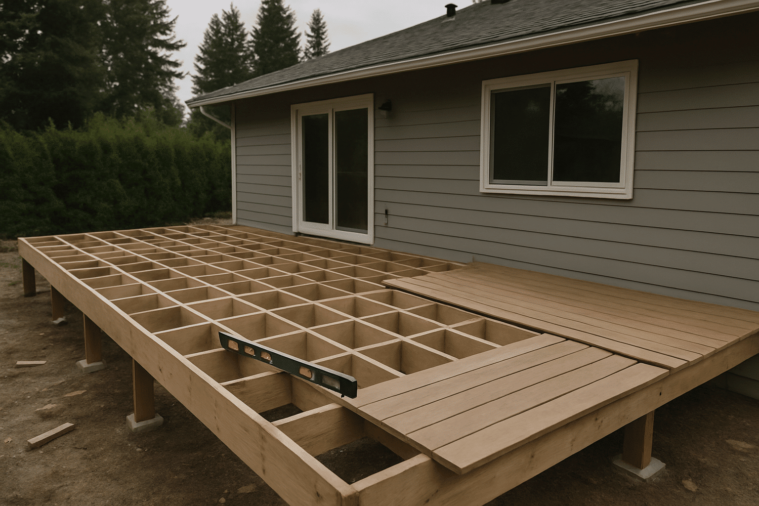 Illustrates the in-progress phase of a deck remodel, reinforcing the assessment-to-inspection process narrative.