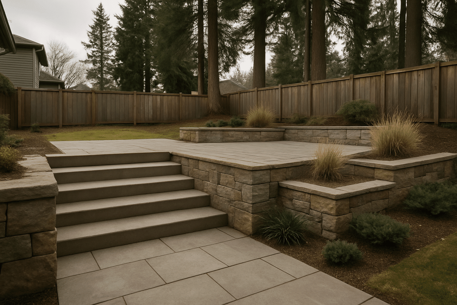 A hero image showing multi-level terraced patio construction on a sloped Seattle lot directly mirrors the section headin