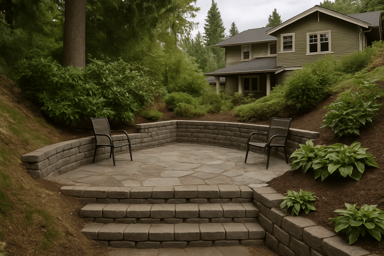 Shows a completed hillside patio integrated into a Seattle residential slope, reinforcing the section's message about ex