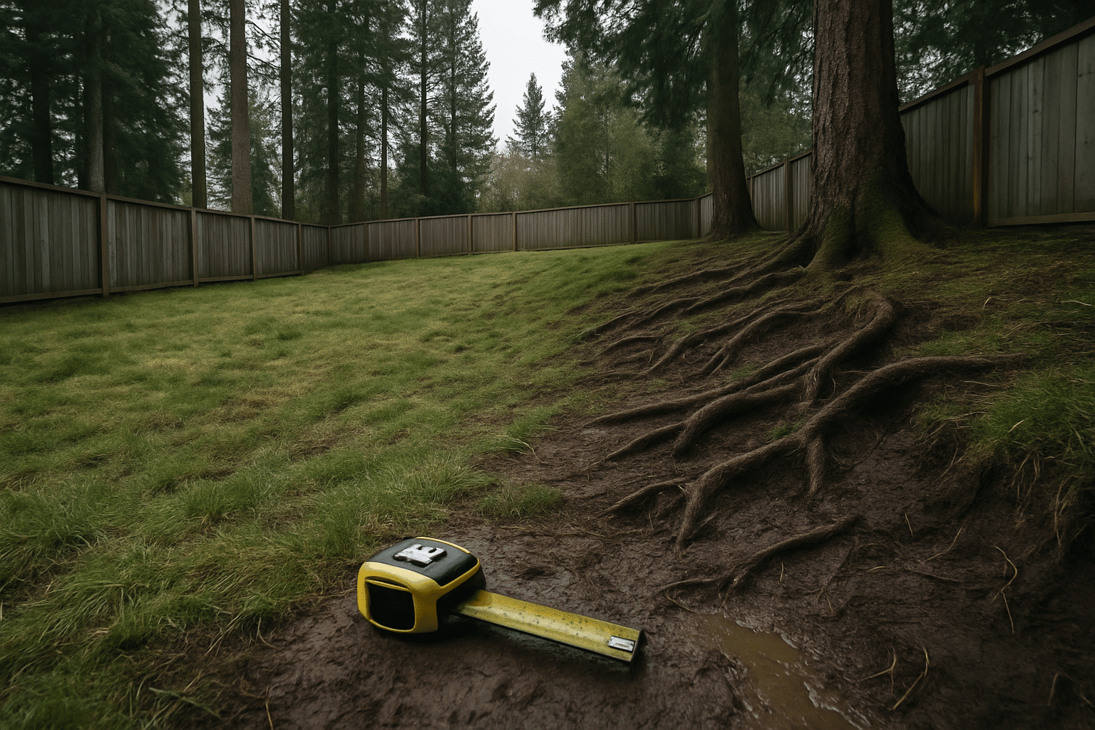 An unimproved sloped backyard viewed from a site-walk perspective illustrates the pre-design assessment phase described