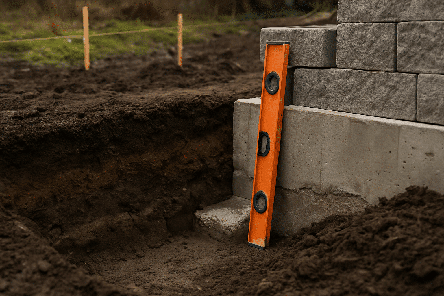 Captures the technical reality of grade confirmation and retaining wall preparation before patio design proceeds, matchi