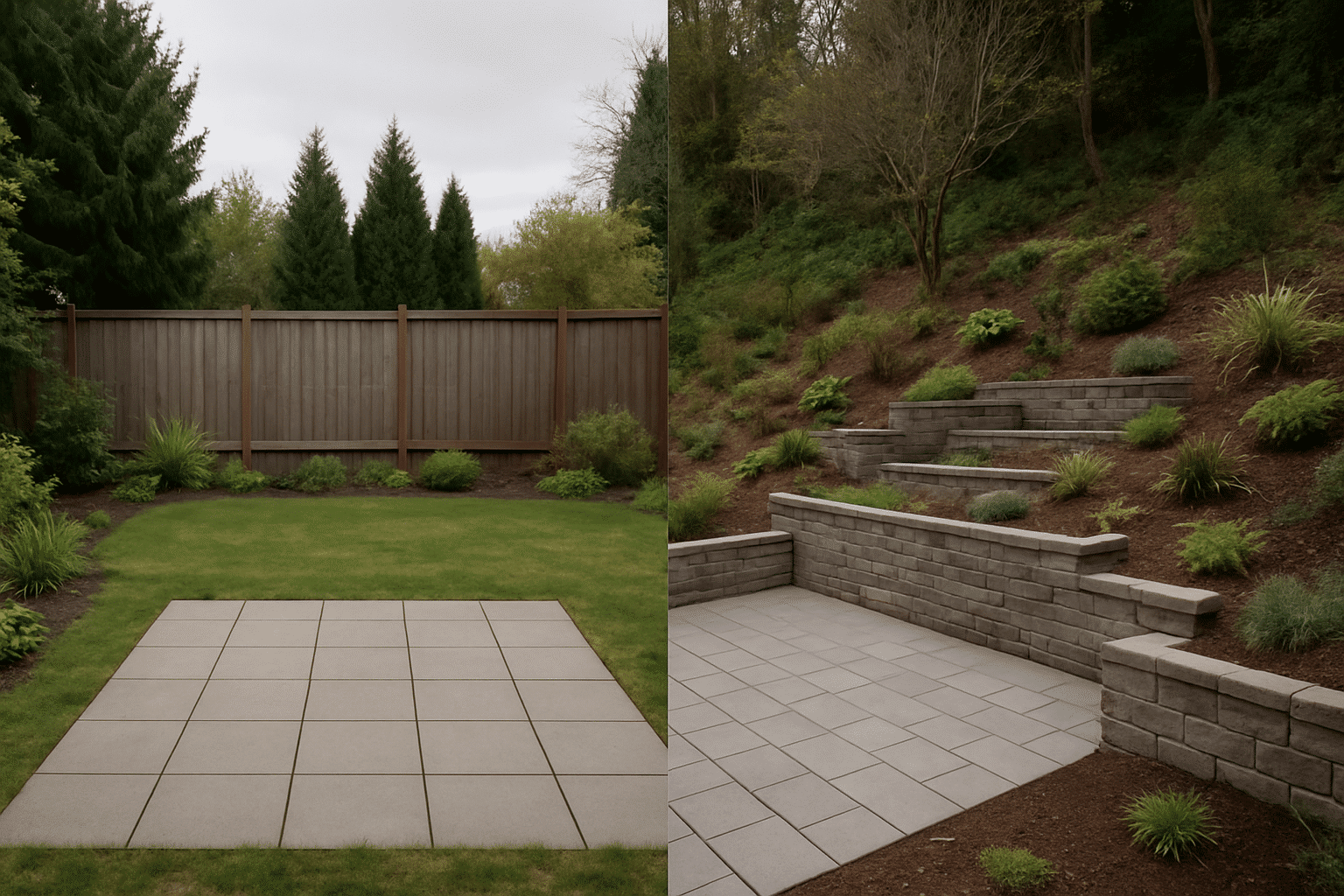 A single wide photograph that organically shows two contrasting site conditions illustrates the 'each site type' compari