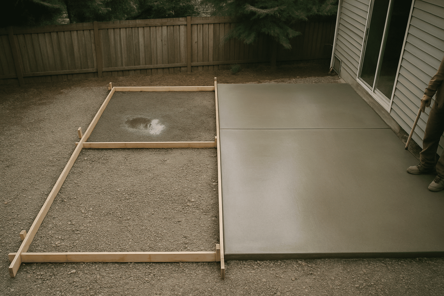 An aerial mid-construction view conveys a visible process progression from raw preparation to finished surface, aligning