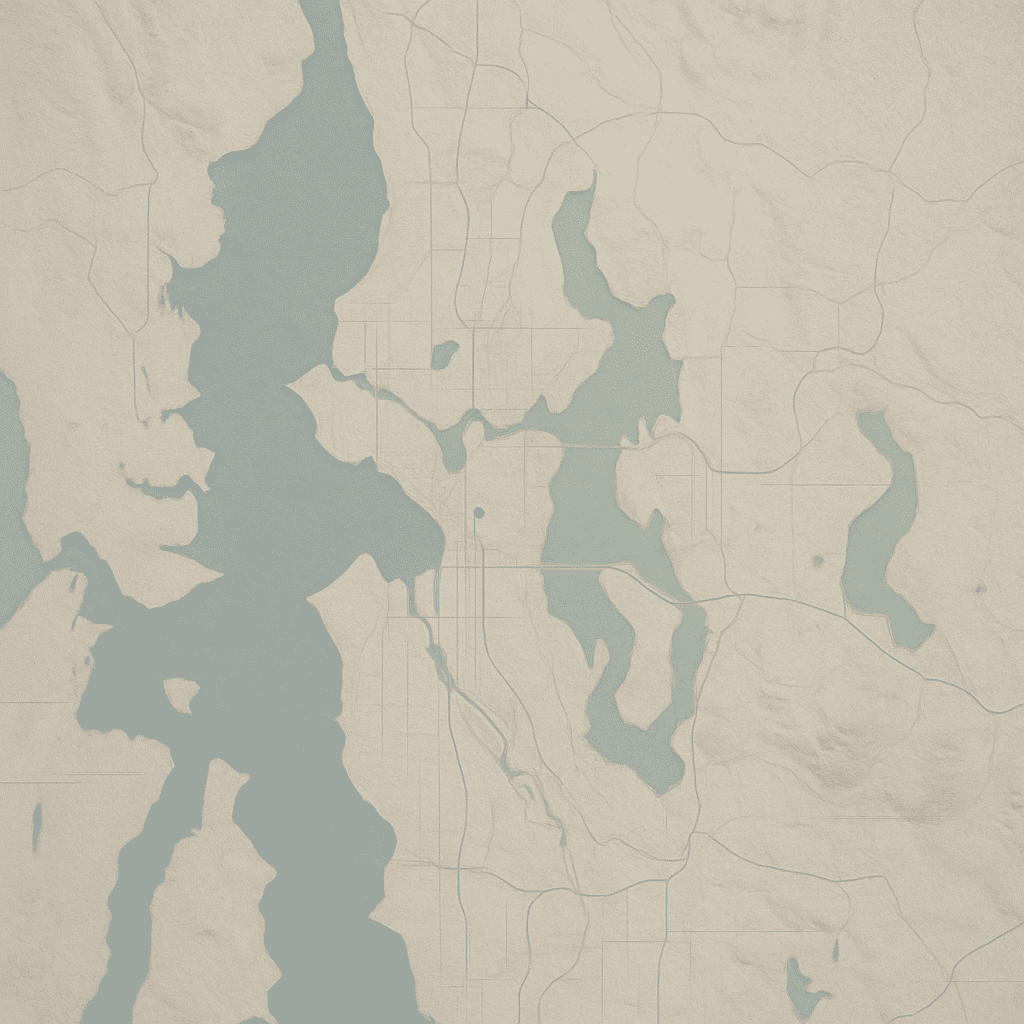 A label-free topographic schematic view of the Seattle metro area visually communicates the multi-city service footprint