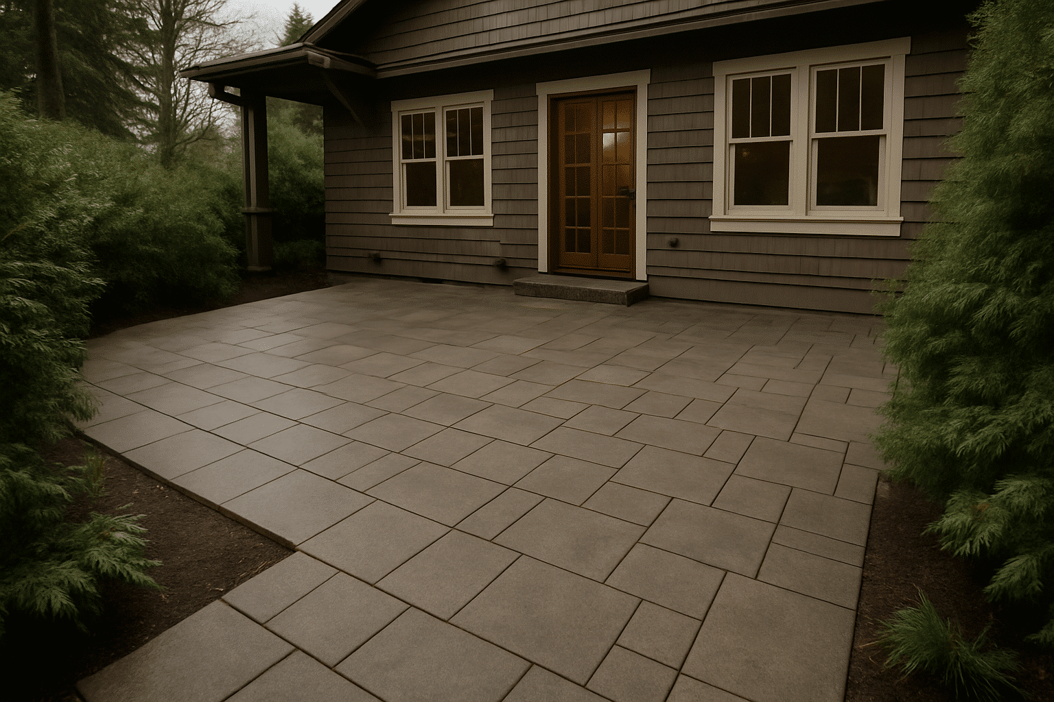 Hero image must immediately convey a completed, well-drained concrete-and-paver patio on a typical Seattle residential l