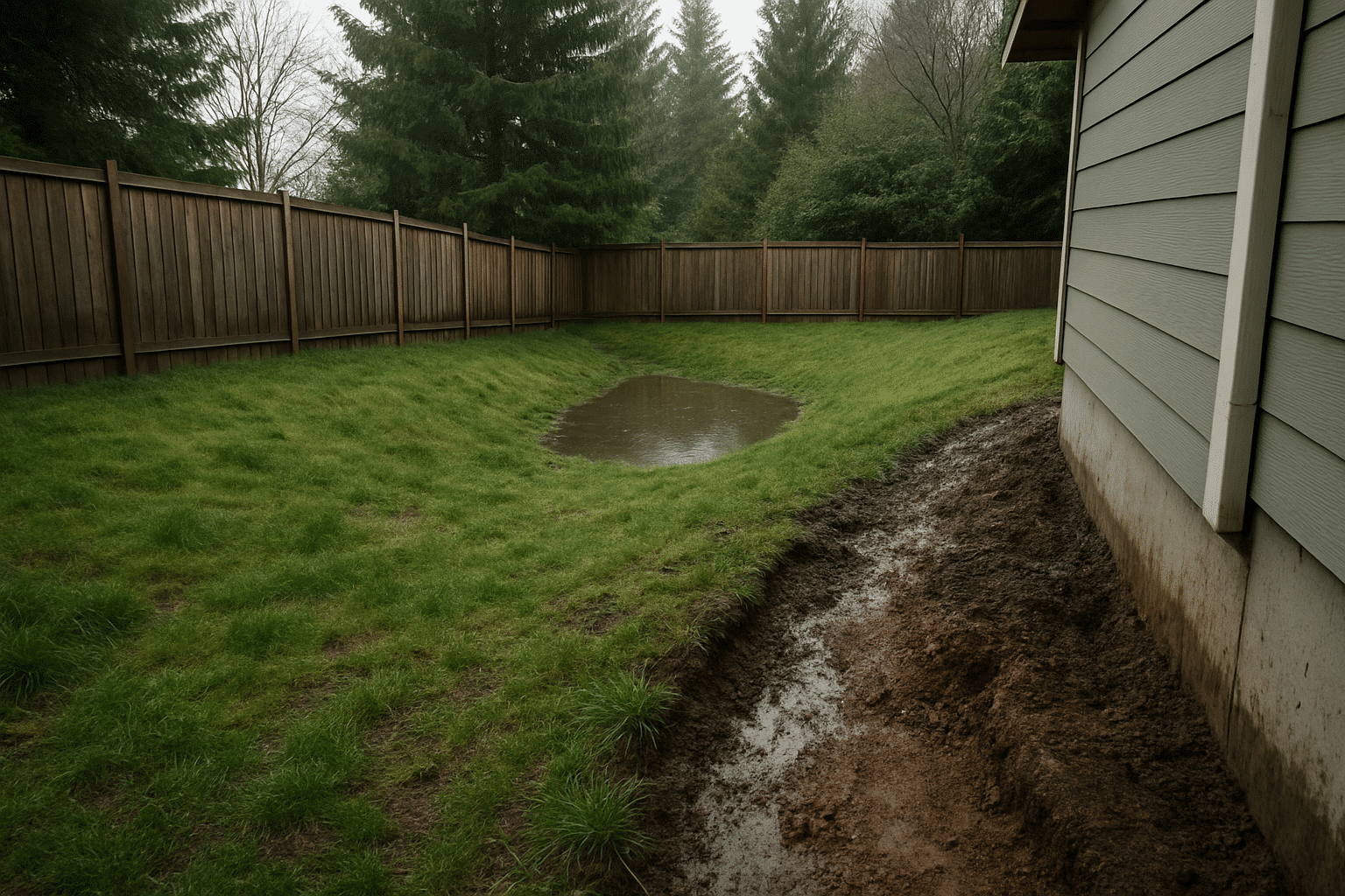 Honestly depicts the challenging site conditions a contractor encounters during a pre-design lot walk  -  wet soil, slop